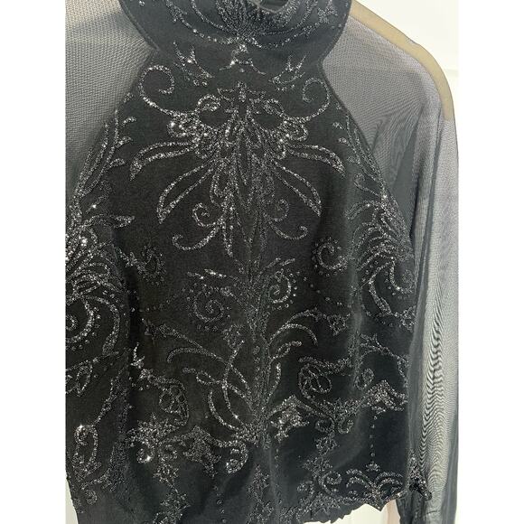 Vintage 90s Tadashi Shoji Mesh Sheer Embellished Mock Neck Top Basque Waist Goth - Picture 4 of 10